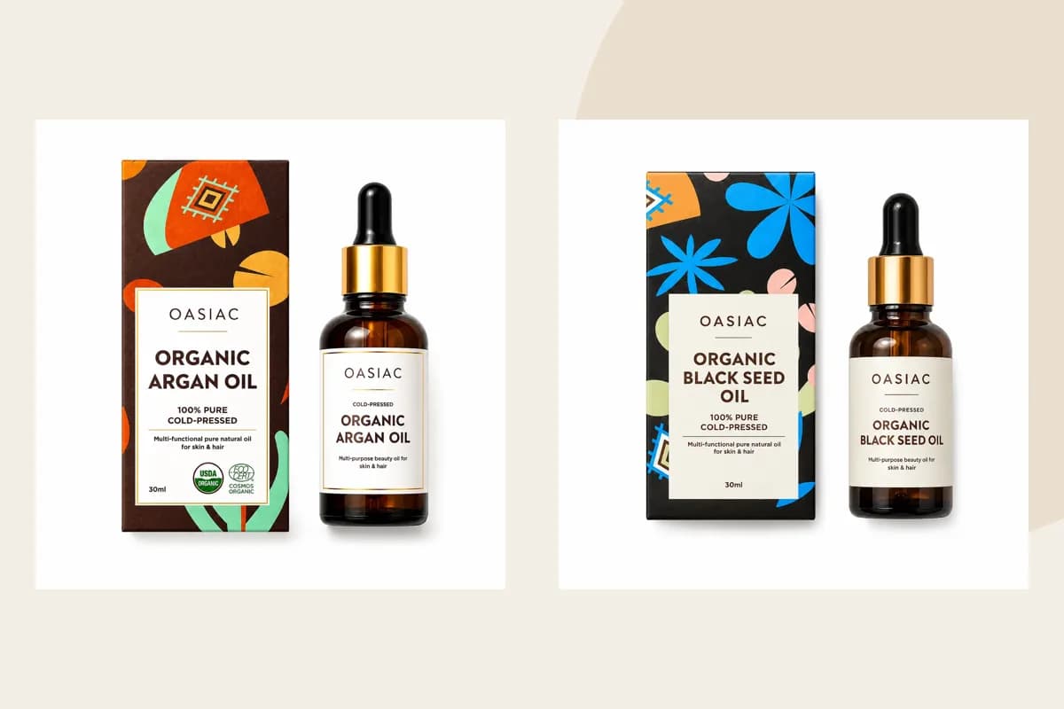 OASIAC Pure Argan Oil, Pure Black seed Oil product packaging