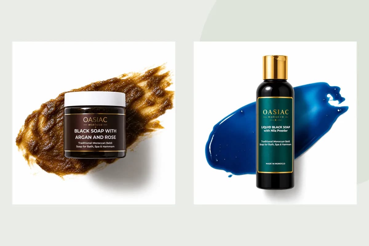 OASIAC Black Beldi sæbe, flydende sort sæbe med Nila produktemballage