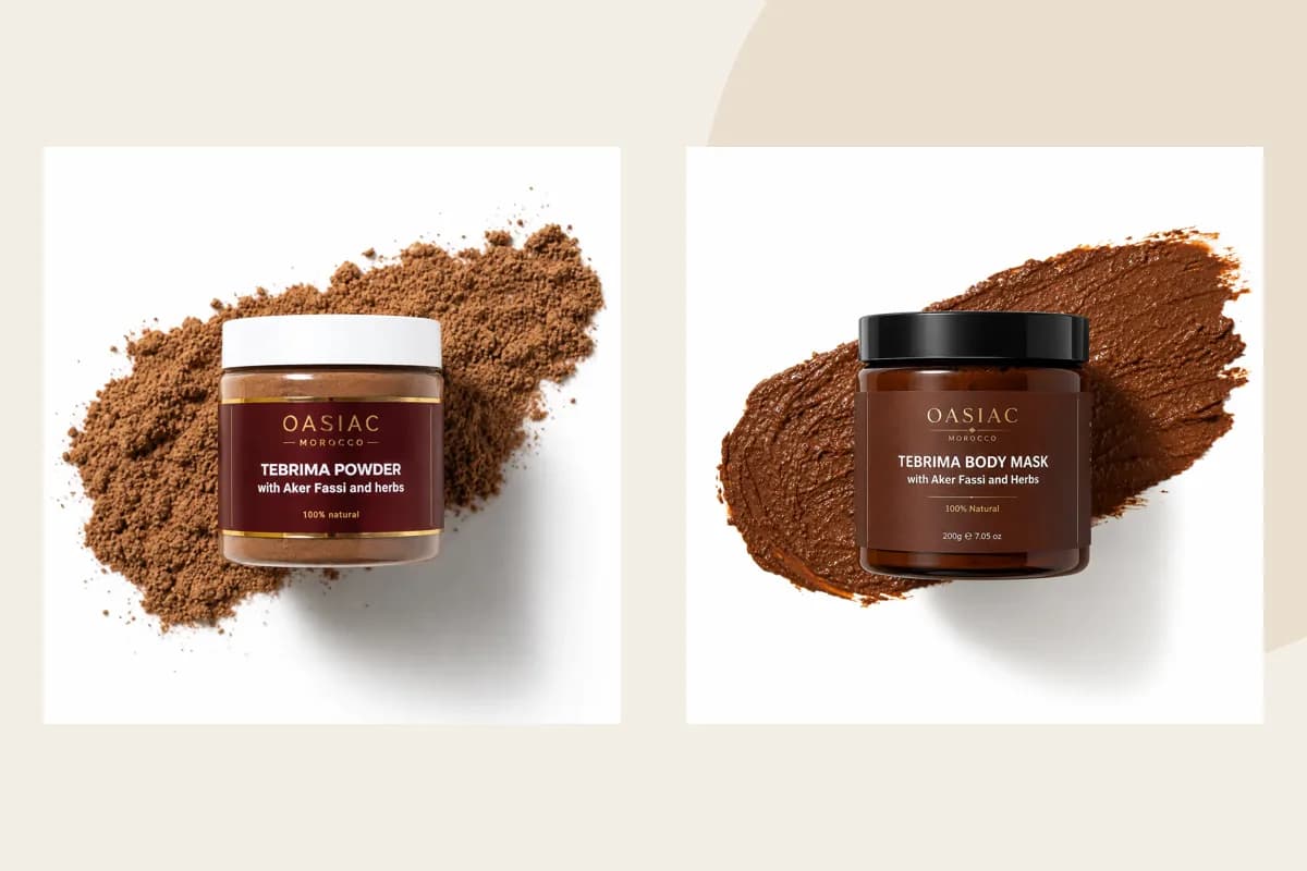 OASIAC Tebrima Powder, Tebrima Body Mask, Rhassoul Mask & Scrub product packaging