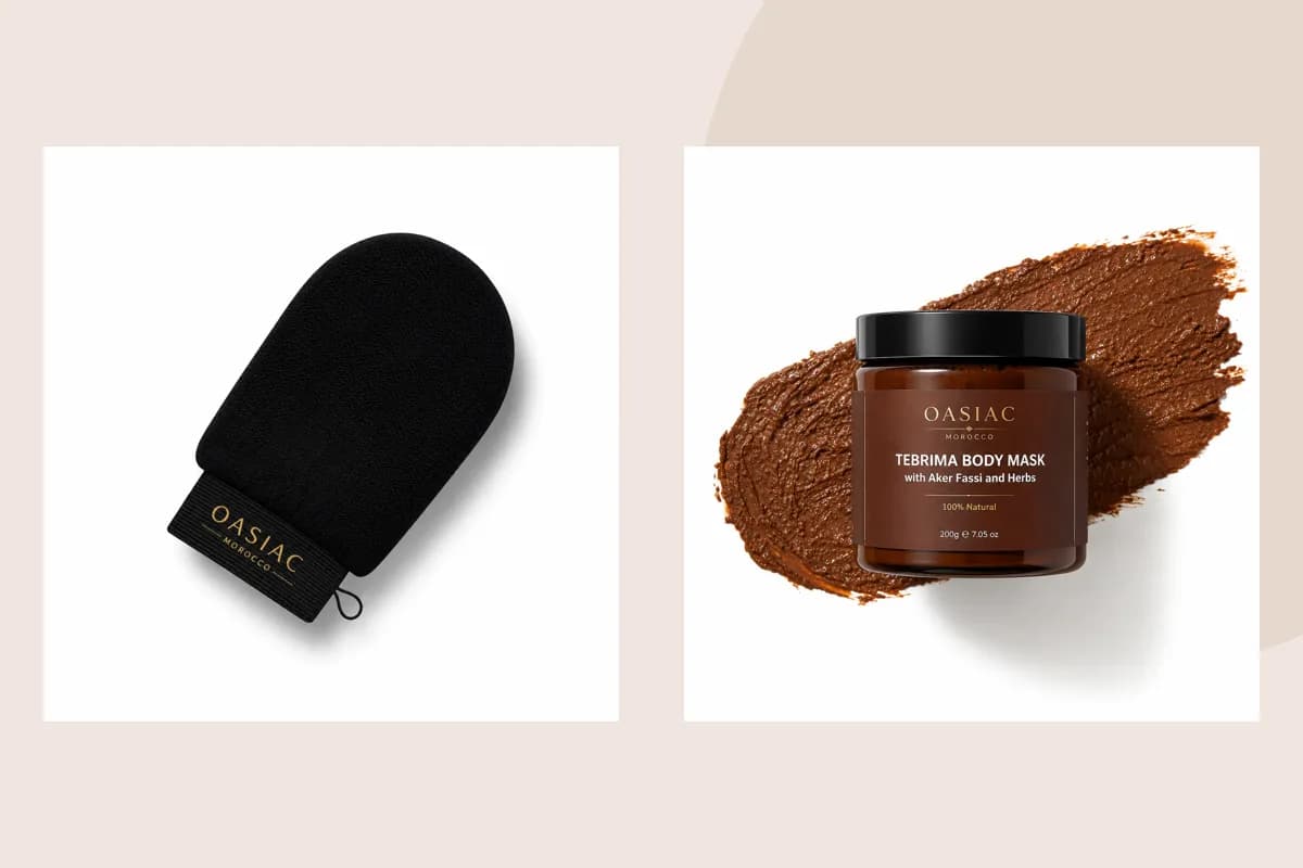 OASIAC Kessa Glove, Tebrima Body Mask, Pure Argan Oil product packaging