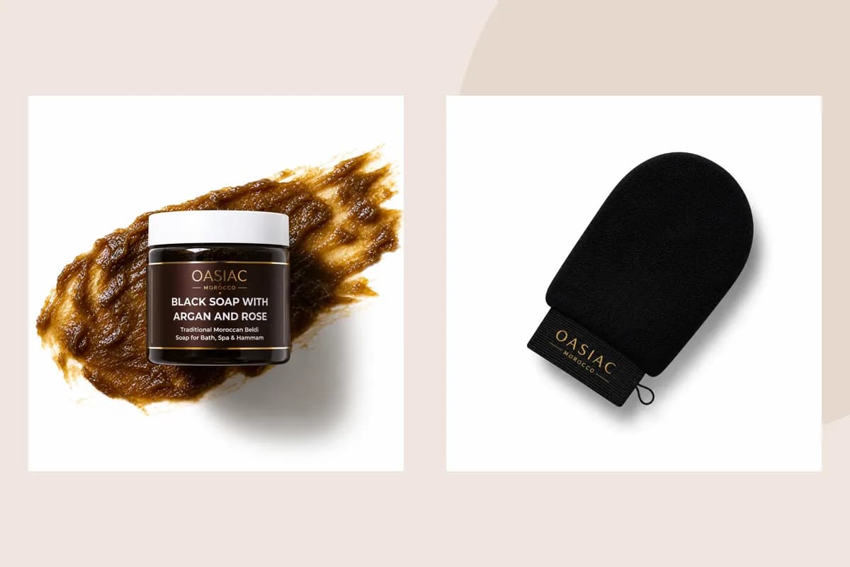 OASIAC Black Beldi Soap, Kessa Glove, Produktverpackung aus reinem Arganöl