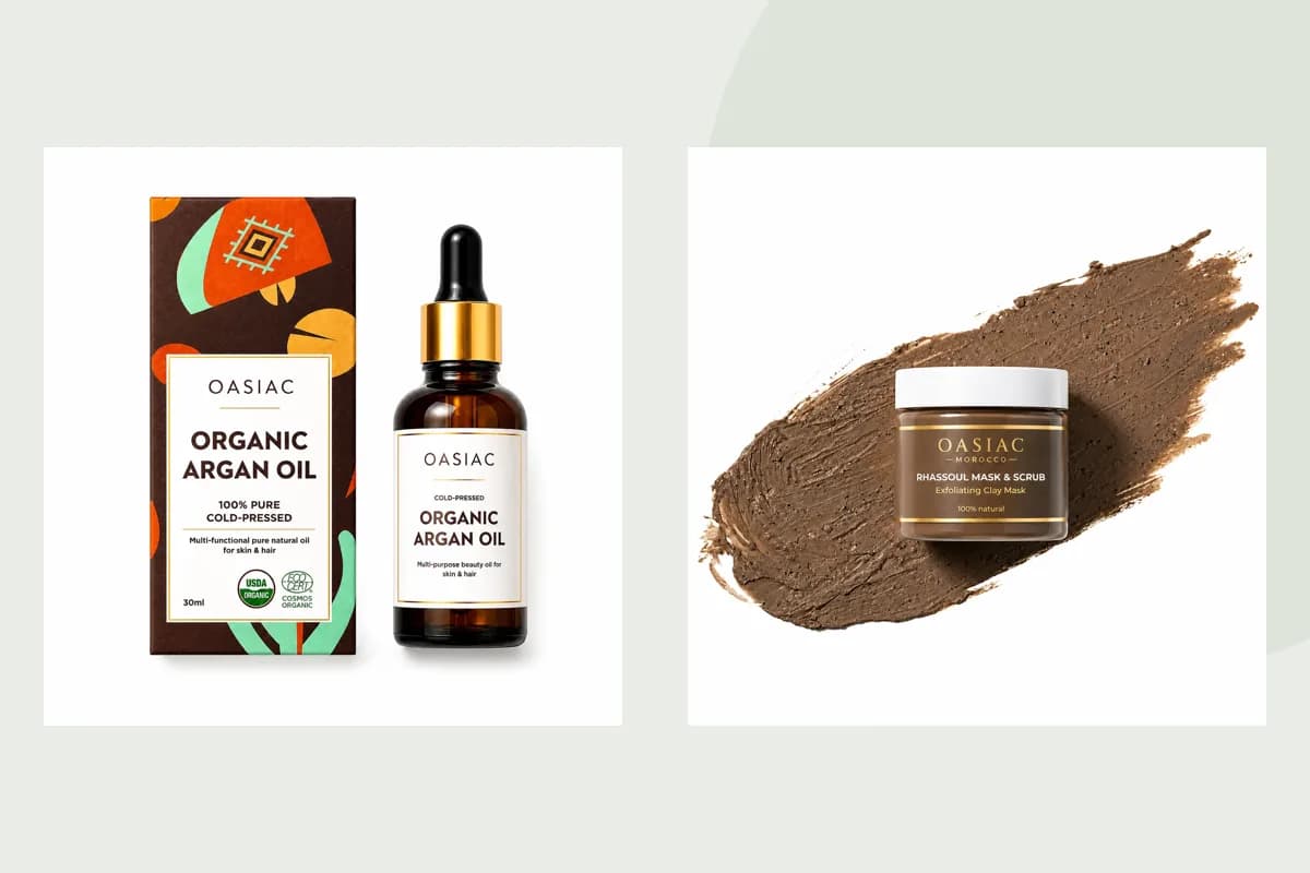 OASIAC Pure Argan Oil, Rhassoul Mask & Scrub product packaging