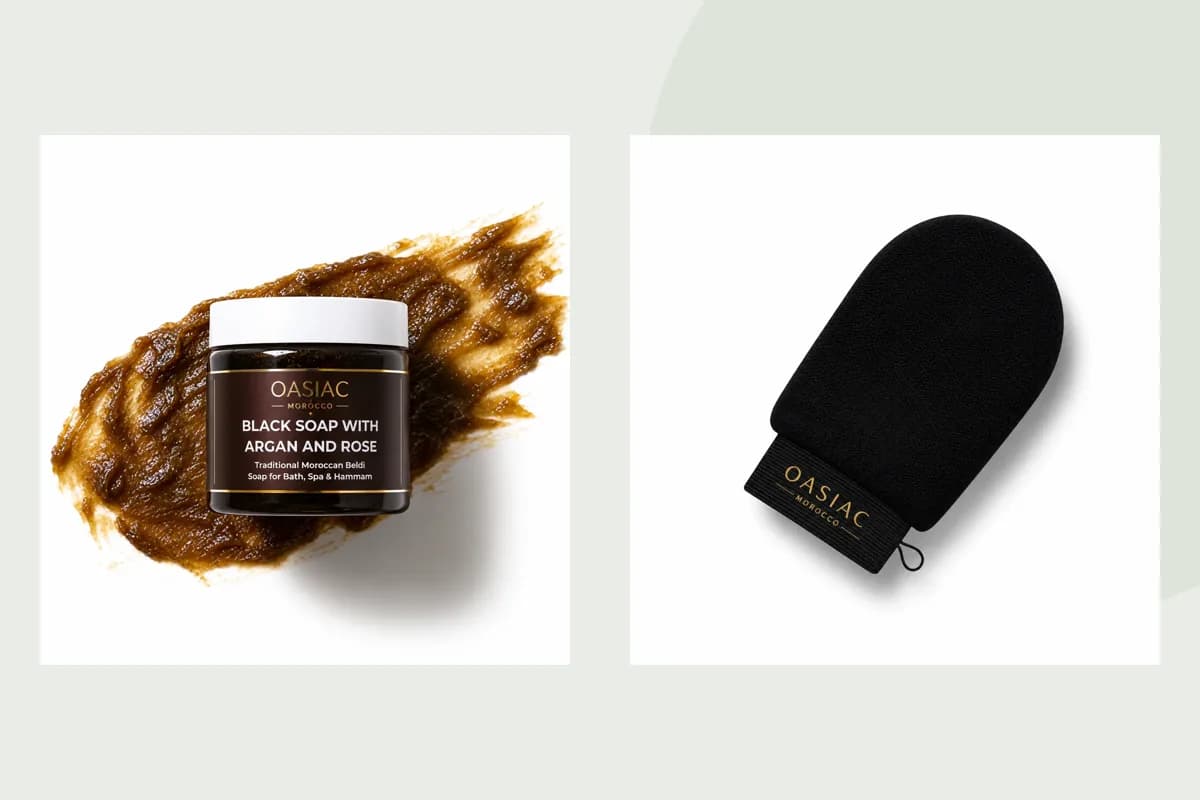 OASIAC Black Beldi Soap, Kessa Glove product packaging