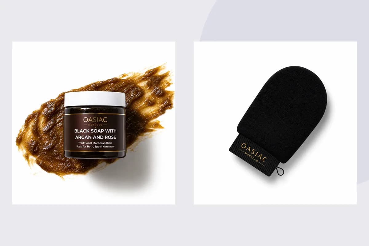 OASIAC Black Beldi Soap, Kessa Glove product packaging